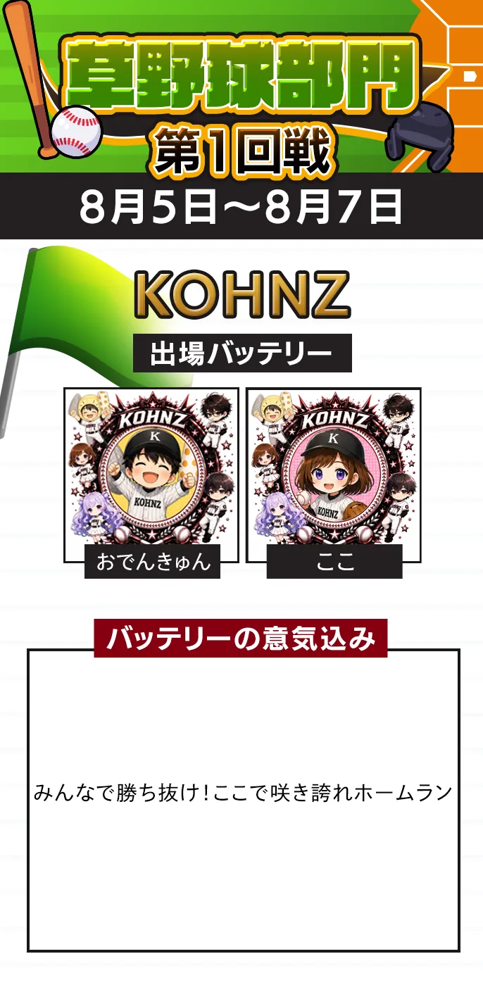草野球部門 準々決勝 KOHNZの出場バッテリー（予選7位）