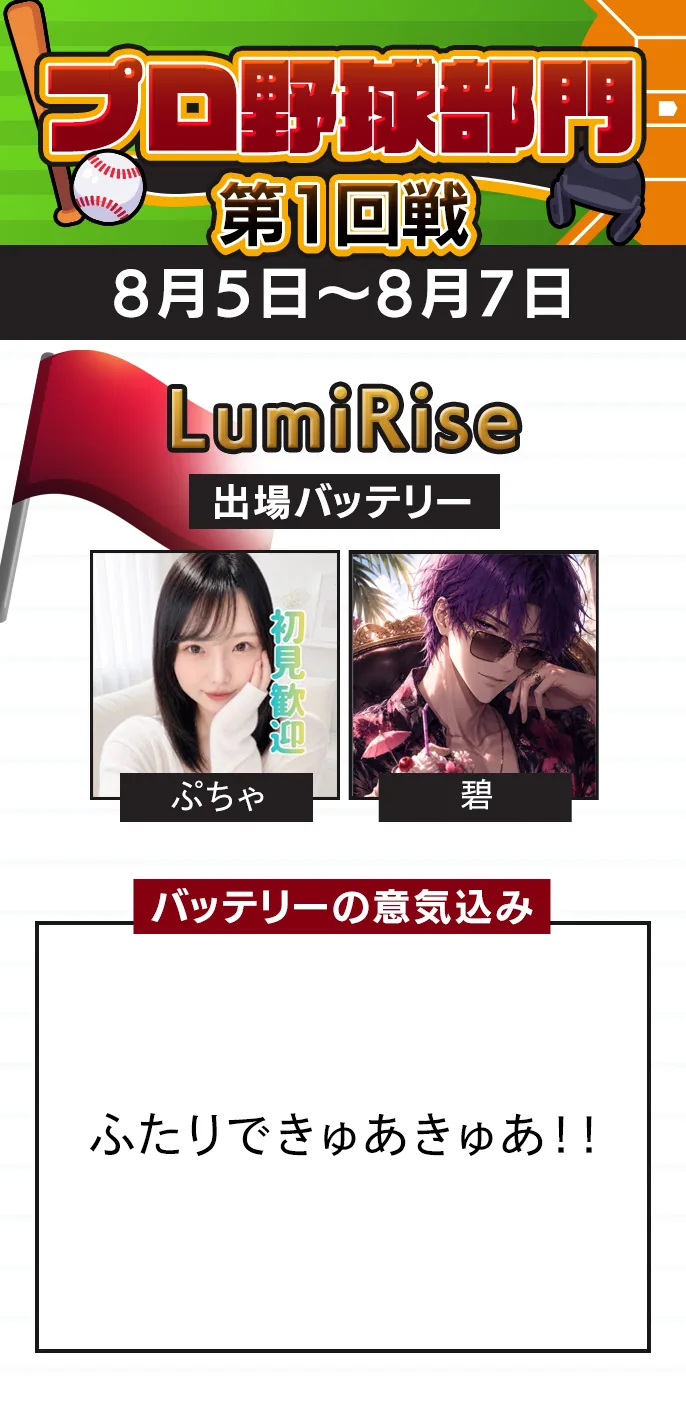 プロ野球部門 準々決勝 LumiRiseの出場バッテリー（予選1位）