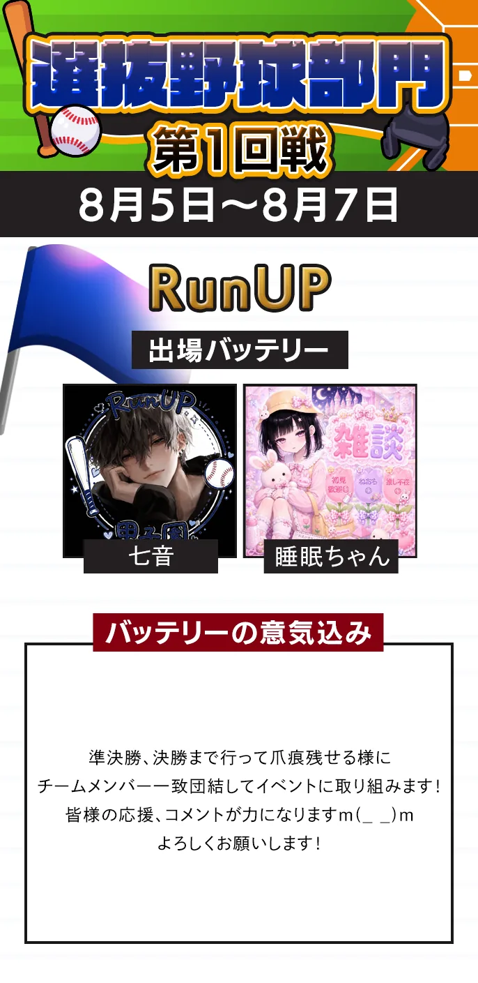 選抜野球部門 準々決勝 RunUPの出場バッテリー（予選6位）